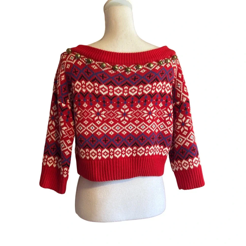 BDG Urban Outfitters Red Fair Isle Cropped Sweater Bells Holiday Small